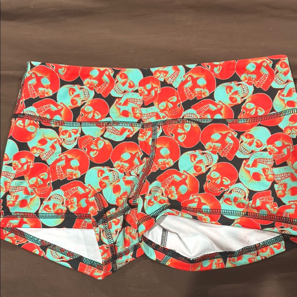 Fleo Red and Teal Skull Print Athletic Shorts
